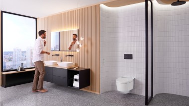 Blick in ein großes Badezimmer mit Geberit AquaClean Mera Dusch-WC, Badmöbeln und Sanitärkeramiken (© Geberit)