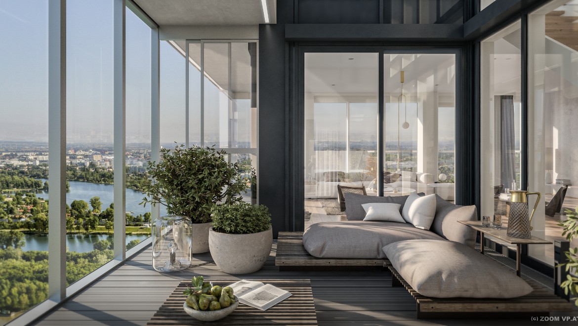 Highlight des MARINA TOWER sind die sechs Penthouse-Wohnungen im Dachgeschoß, die nach individuellen Wünschen mitgestaltet werden können. (c) ZOOM.VP