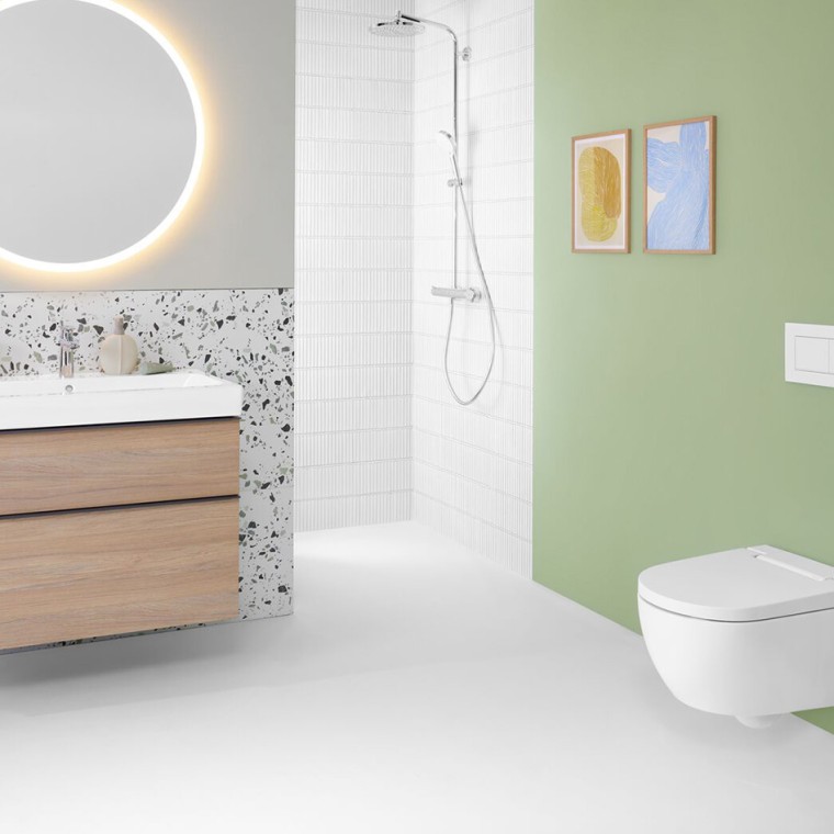 Geberit AquaClean Alba Dusch-WC, Sigma30 Betätigungsplatte, Geberit iCon Badmöbel
