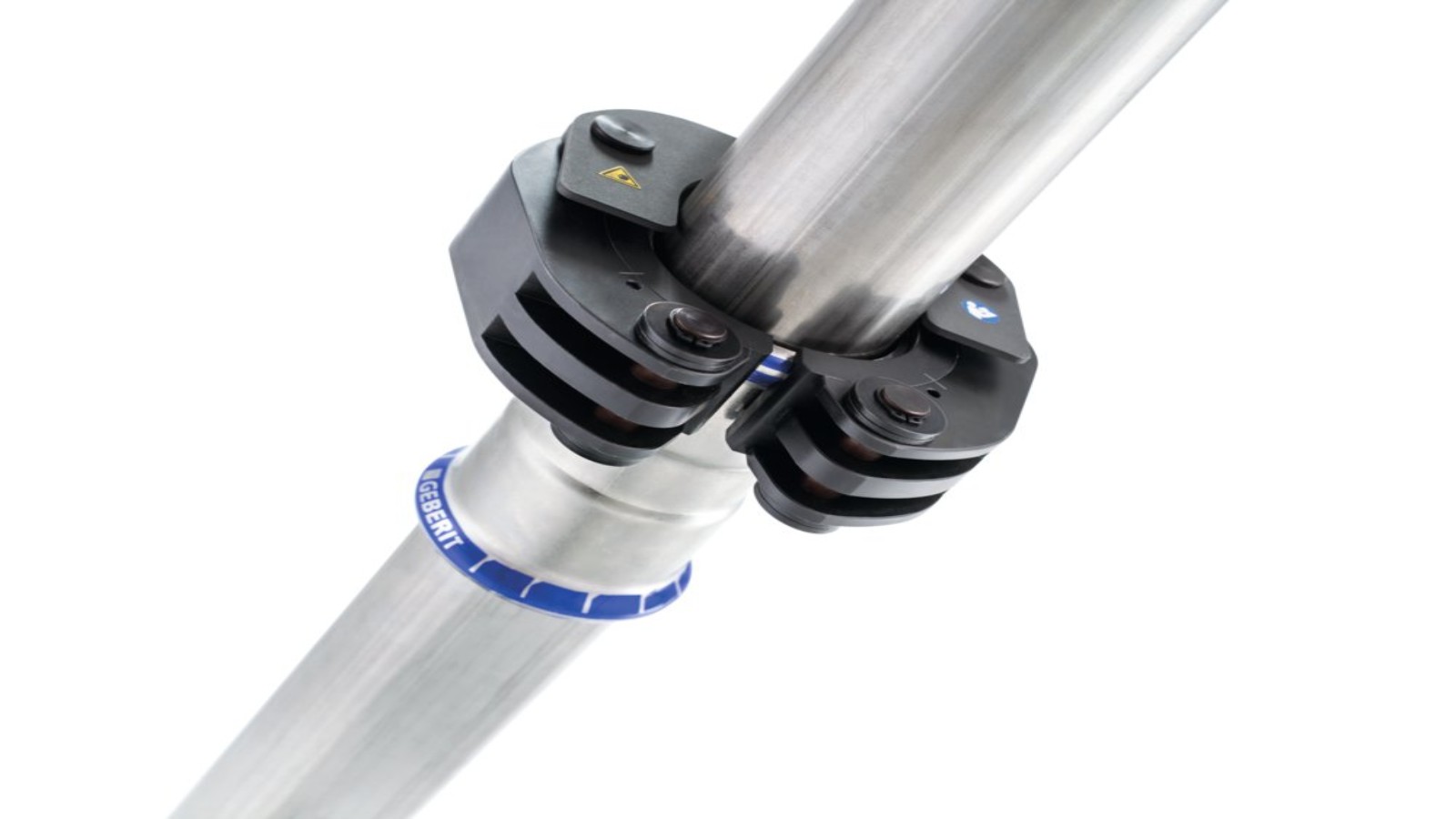 Der Schnappmechanismus fixiert die Geberit Pressschlinge am Geberit Mapress Fitting Der Schnappmechanismus fixiert die Geberit Pressschlinge am Geberit Mapress Fitting