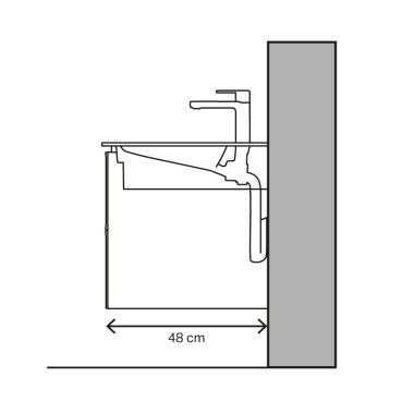 Waschtisch-Illustration mit 48 cm Ausladung und horizontalem Ablauf