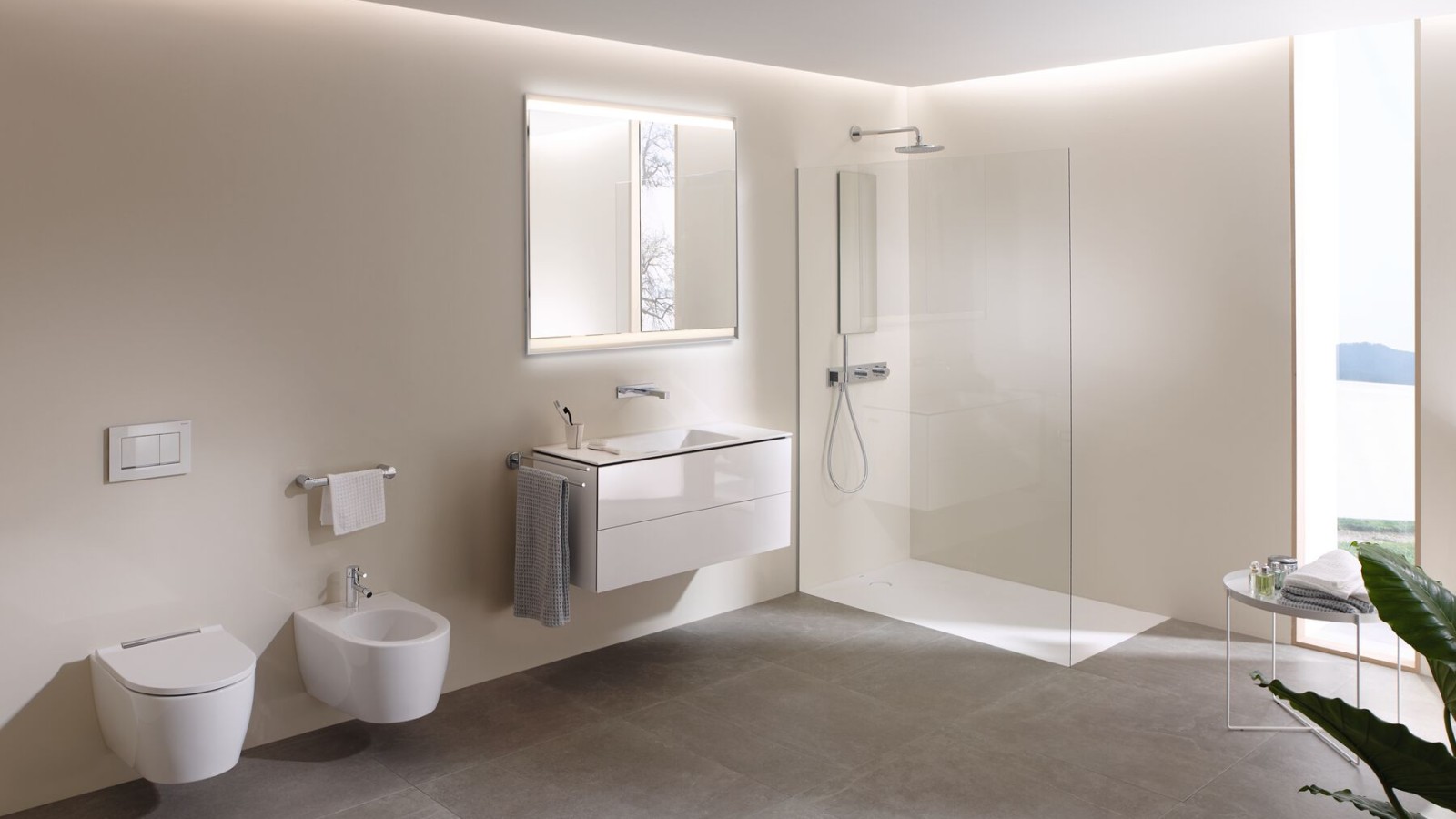 Blick in ein grosses Badezimmer mit Geberit AquaClean Mera Dusch-WC, Badmöbeln und Sanitärkeramiken (© Geberit) Blick in ein grosses Badezimmer mit Geberit AquaClean Mera Dusch-WC, Badmöbeln und Sanitärkeramiken (© Geberit)