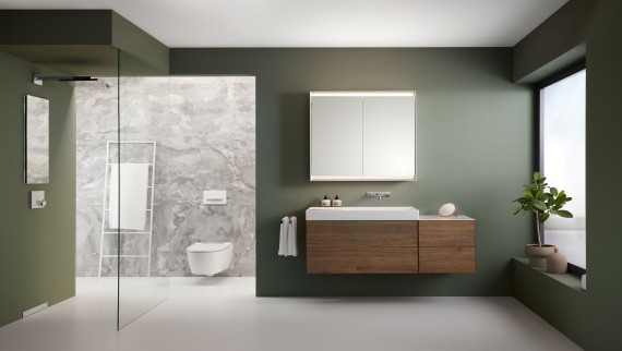 Geberit ONE Badezimmer mit Geberit Walk-in Duschwand und Nischenablagebox Geberit ONE Badezimmer mit Geberit Walk-in Duschwand und Nischenablagebox