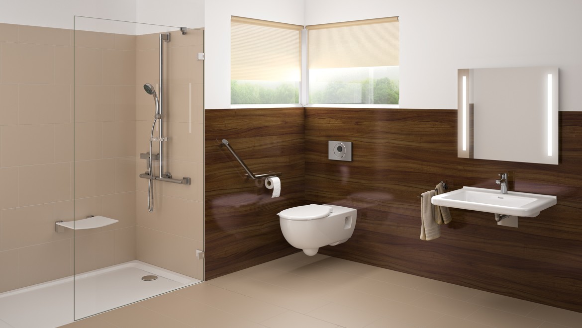 Barrierefreies Badezimmer mit Waschplatz, Toilette und bodenebener Dusche