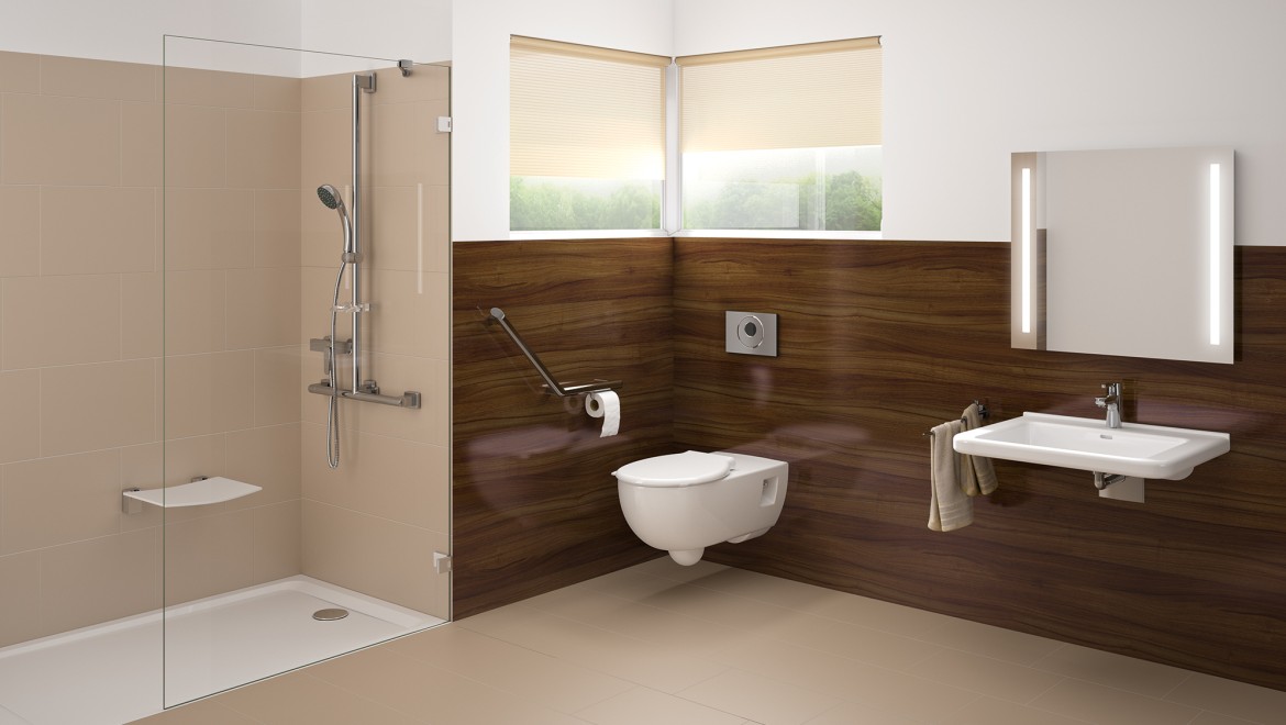 Barrierefreies Badezimmer mit Waschplatz, Toilette und bodenebener Dusche Barrierefreies Badezimmer mit Waschplatz, Toilette und bodenebener Dusche