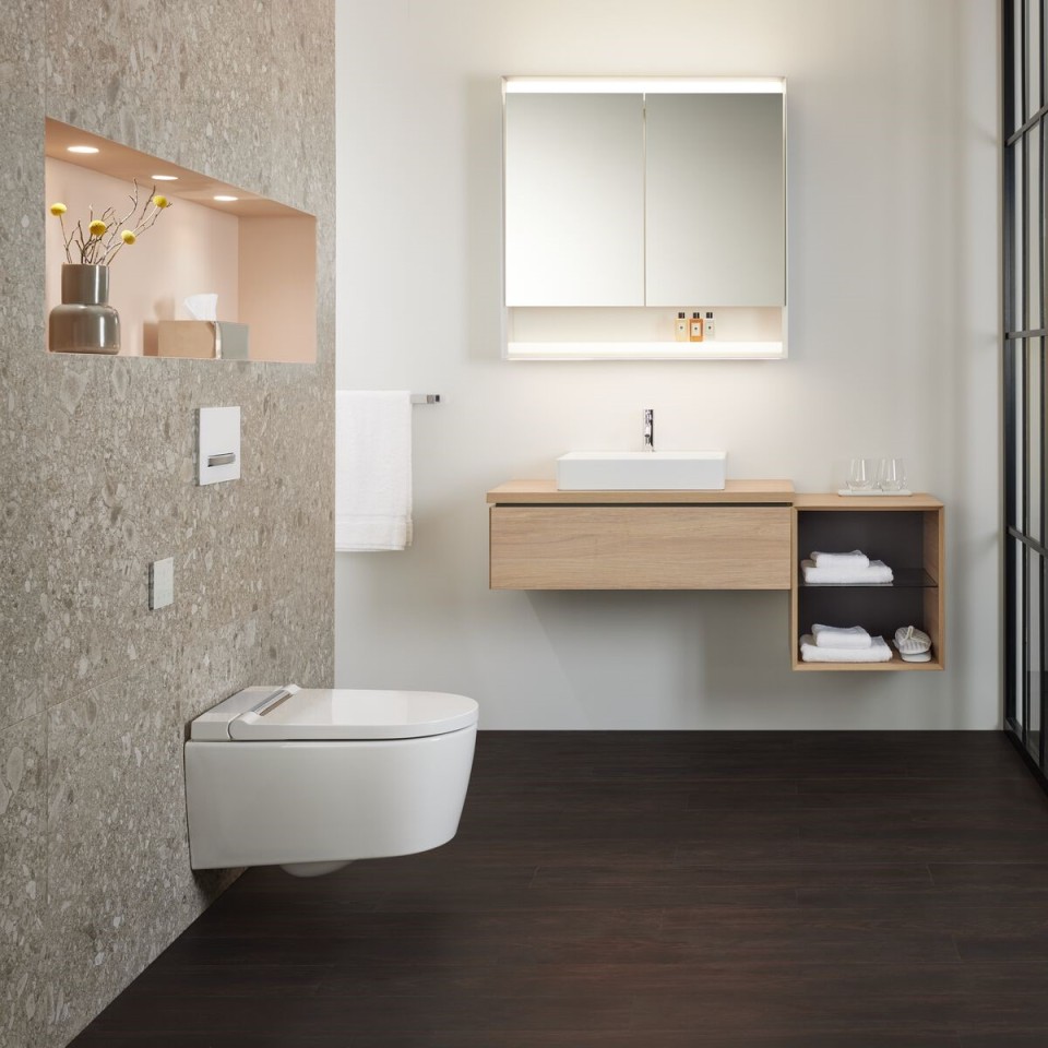 Geberit ONE Waschtisch und Geberit AquaClean Sela inkl. Wandbedienpanel. (c) Geberit