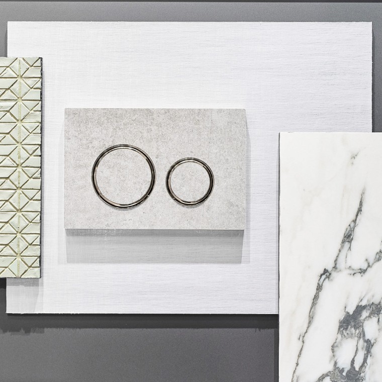 Die Sigma21 Betätigungsplatte in Betonoptik und verchromten Designringen Die Sigma21 Betätigungsplatte in Betonoptik und verchromten Designringen