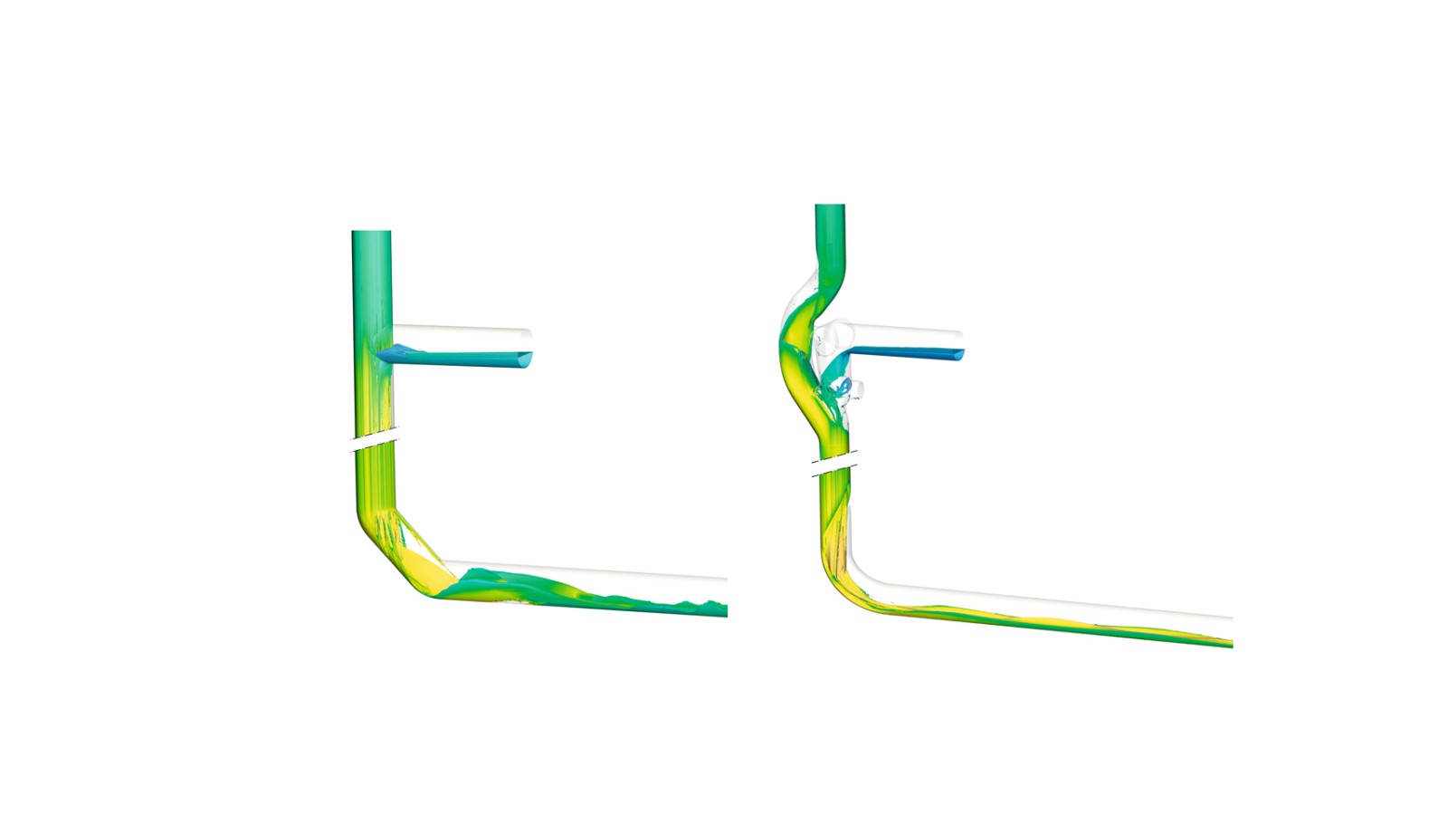 Die Umlenkung mit zwei 45°-Bögen von Geberit Silent-db20 in d160, in der Darstellung links, erzeugt Verwirbelungen im Leitungsrohr, die zu einer höheren Geräuschentwicklung führen. Im Gegensatz dazu führt der Geberit Silent-db20 BottomTurn Bogen, in der Darstellung rechts, die Ringströmung aus der Fallleitung ruhig und geordnet in eine Schichtenströmung über