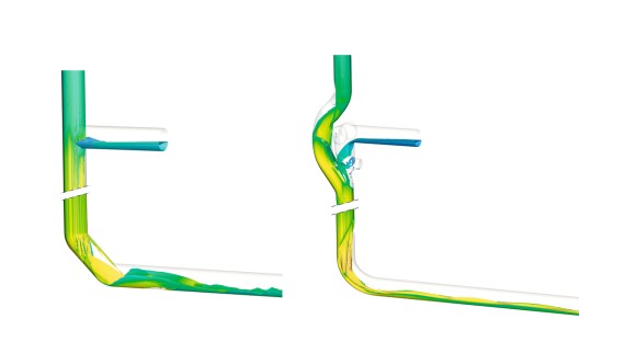Die Umlenkung mit zwei 45°-Bögen von Geberit Silent-db20 in d160, in der Darstellung links, erzeugt Verwirbelungen im Leitungsrohr, die zu einer höheren Geräuschentwicklung führen. Im Gegensatz dazu führt der Geberit Silent-db20 BottomTurn Bogen, in der Darstellung rechts, die Ringströmung aus der Fallleitung ruhig und geordnet in eine Schichtenströmung über Die Umlenkung mit zwei 45°-Bögen von Geberit Silent-db20 in d160, in der Darstellung links, erzeugt Verwirbelungen im Leitungsrohr, die zu einer höheren Geräuschentwicklung führen. Im Gegensatz dazu führt der Geberit Silent-db20 BottomTurn Bogen, in der Darstellung rechts, die Ringströmung aus der Fallleitung ruhig und geordnet in eine Schichtenströmung über