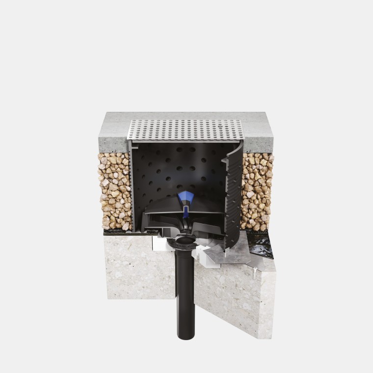 Installation von Geberit Pluvia auf einem begehbaren Betondach mit Bitumen-Dachabdichtung Installation von Geberit Pluvia auf einem begehbaren Betondach mit Bitumen-Dachabdichtung