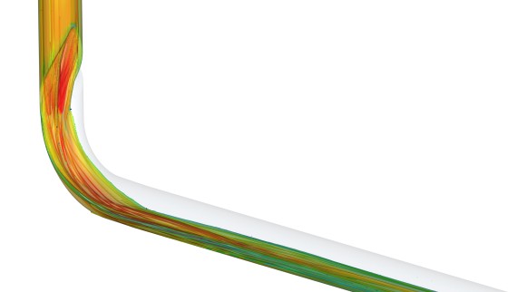 Die CFD-Animation zeigt den geringen Impulsverlust des Flusses im Geberit BottomTurn Bogen
