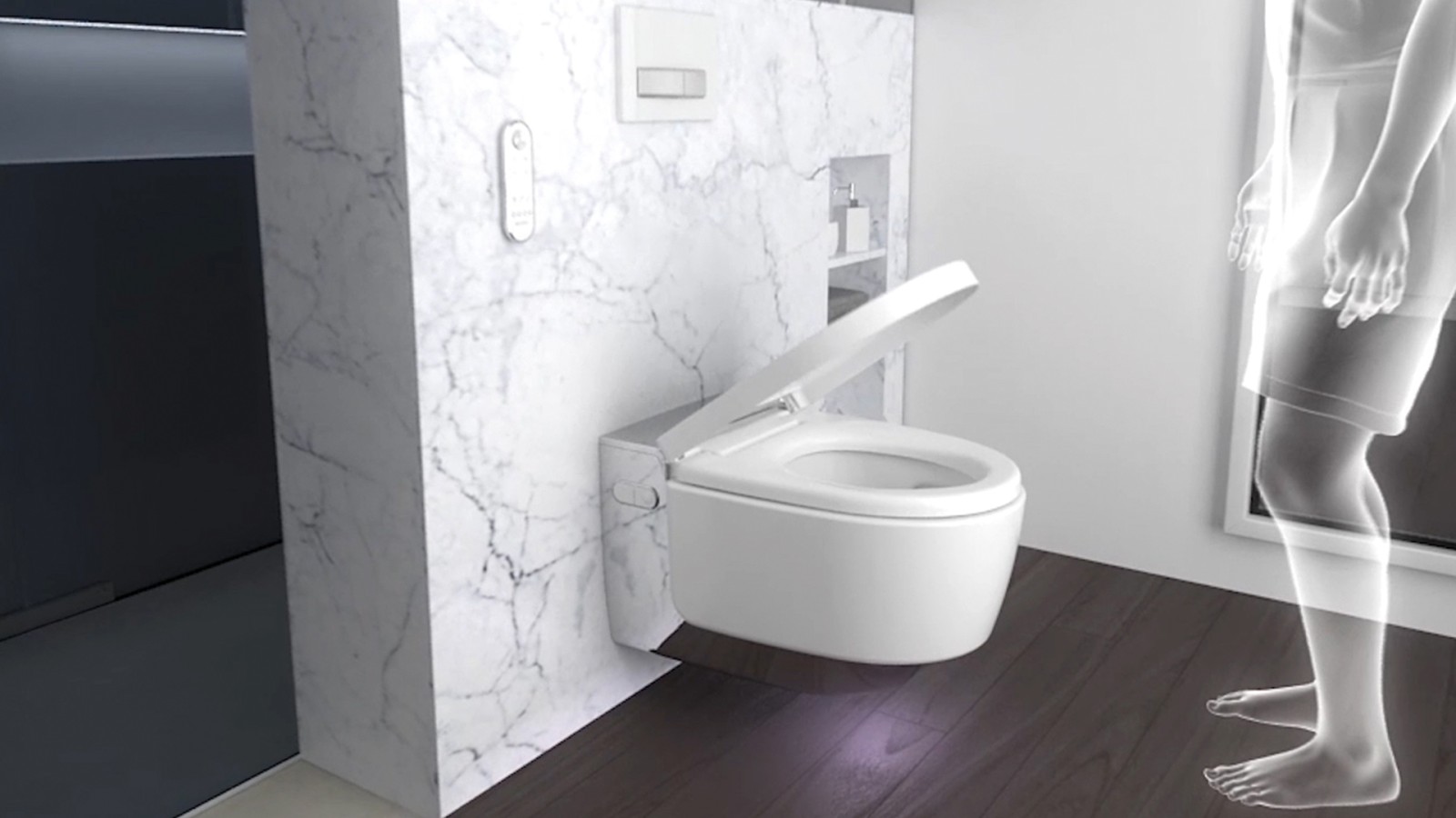 Geberit AquaClean Mera mit Benutzererkennung: Der WC Deckel öffnet automatisch. ((c) Geberit) Geberit AquaClean Mera mit Benutzererkennung: Der WC Deckel öffnet automatisch. ((c) Geberit)