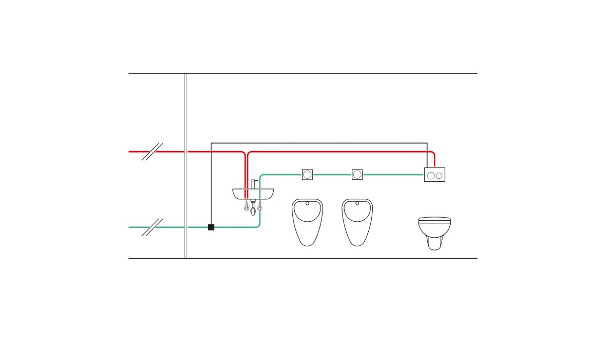 Beispiel der Verrohrung eines Temperatur gesteuerten Unterputzspülkastens mit Hygienespülung und mit Einsatz eines Temperatursensors (© Geberit)