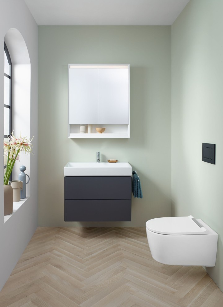 Kleines Bad mit wandhängendem WC, Spiegelschrank und Waschtischunterschrank der Badserie Geberit ONE Kleines Bad mit wandhängendem WC, Spiegelschrank und Waschtischunterschrank der Badserie Geberit ONE