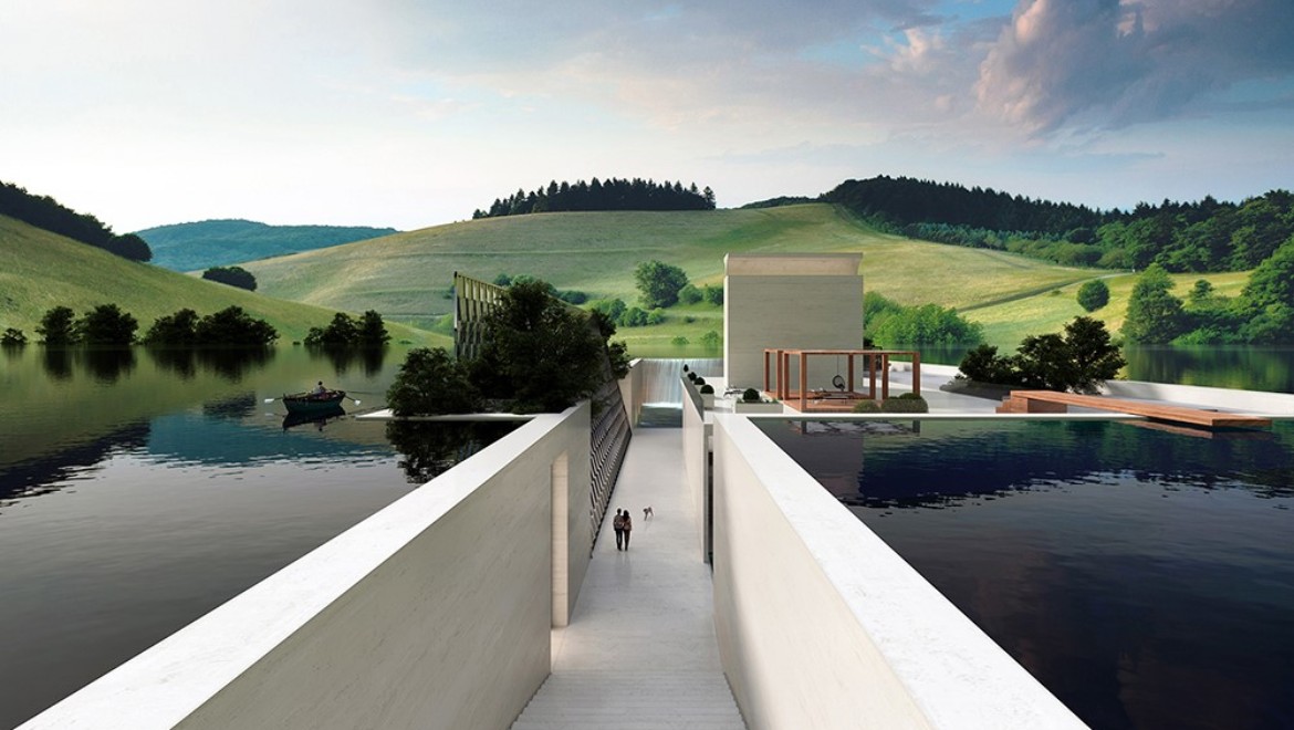 Das H.O.M.E. Haus 2022 von Hadi Teherani Architects eingebettet in eine grüne Hügellandschaft (©Bloomrealities/HTA für H.O.M.E. Haus 2022)