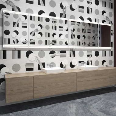 Waschplatz mit Geberit ONE Spiegelschränken und Möbeln in Holzoptik (©Bloomrealities/HTA für H.O.M.E. Haus 2022)