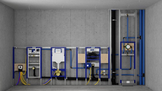 Installationswand mit Geberit Duofix Elementen für Urinal, WC, Waschtisch und Dusche