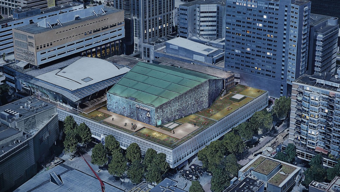 Das Flachdach misst über 2500 m² und läuft rund um das kupferne Dach der grossen Konzerthalle (© Plotvis and Kraaijvanger Architecten) Das Flachdach misst über 2500 m² und läuft rund um das kupferne Dach der grossen Konzerthalle (© Plotvis and Kraaijvanger Architecten)