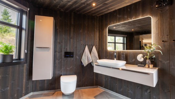 uch das Bad ist mit Holz ausgekleidet, nebst dem AquaClean Dusch-WC Mera finden sich hier auch diverse andere Geberit Produkte vor der Wand (© Geberit)