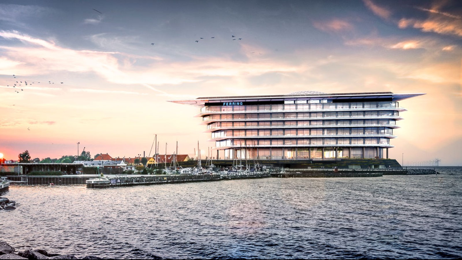 Eine Insel von schwebender Leichtigkeit: Der neue Hauptsitz des Pharmaunternehmens Ferring Pharmaceuticals in Kastrup, Dänemark. (c) Foster&Partners Eine Insel von schwebender Leichtigkeit: Der neue Hauptsitz des Pharmaunternehmens Ferring Pharmaceuticals in Kastrup, Dänemark. (c) Foster&Partners