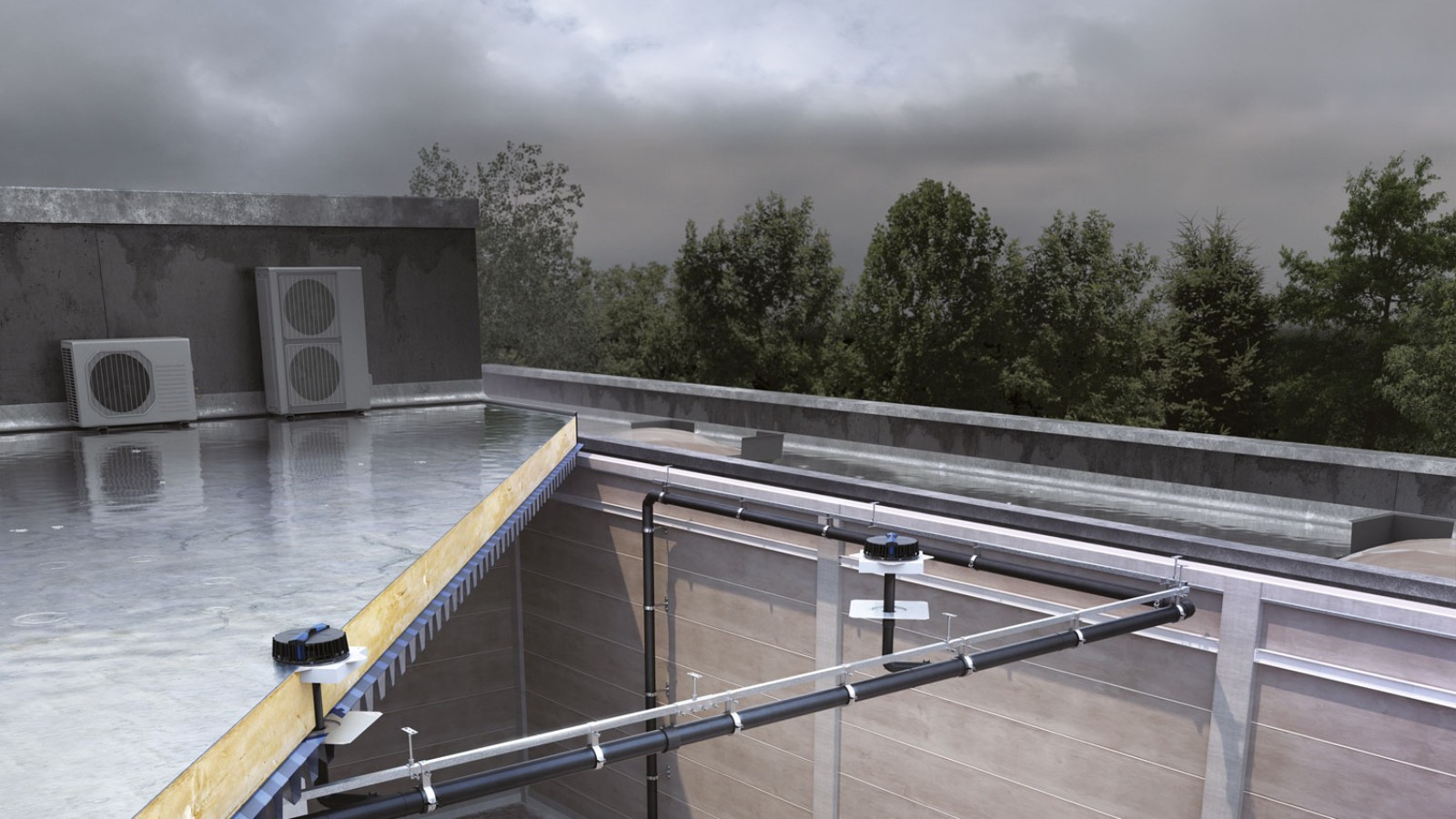 Das Dachentwässerungssystem Pluvia kann mit verhältnismässig wenigen Einlaufelementen sämtliche drei Türme entwässern (© Geberit) Das Dachentwässerungssystem Pluvia kann mit verhältnismässig wenigen Einlaufelementen sämtliche drei Türme entwässern (© Geberit)