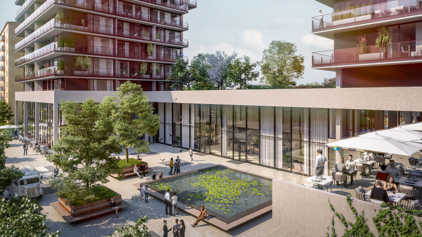 Im Erdgeschoss sind die drei Türme miteinander verbunden (© Soravia) Im Erdgeschoss sind die drei Türme miteinander verbunden (© Soravia)