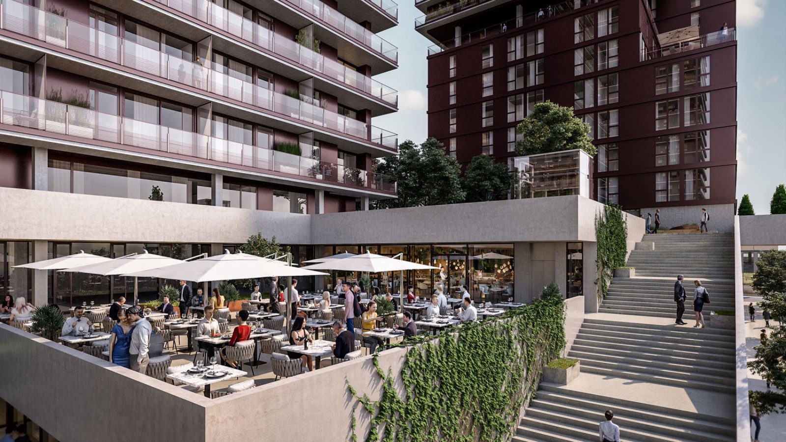 Ausladende Dachterrassen und Gastronomie sind Teil des Angebots (© Soravia) Ausladende Dachterrassen und Gastronomie sind Teil des Angebots (© Soravia)