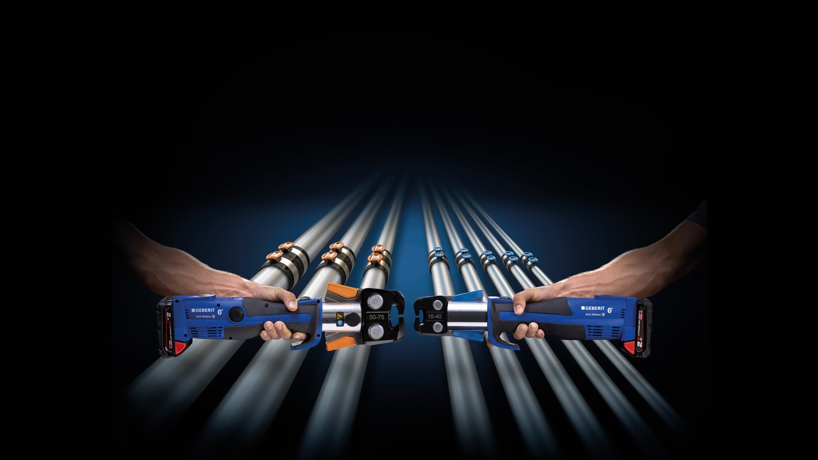 Farbliche Zuordnung der Pressbacke zu den Dimensionen der Geberit FlowFit Fittings