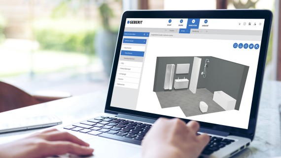Person am Laptop plant Badezimmer virtuell in Geberit 3D-Badplaner Person am Laptop plant Badezimmer virtuell in Geberit 3D-Badplaner