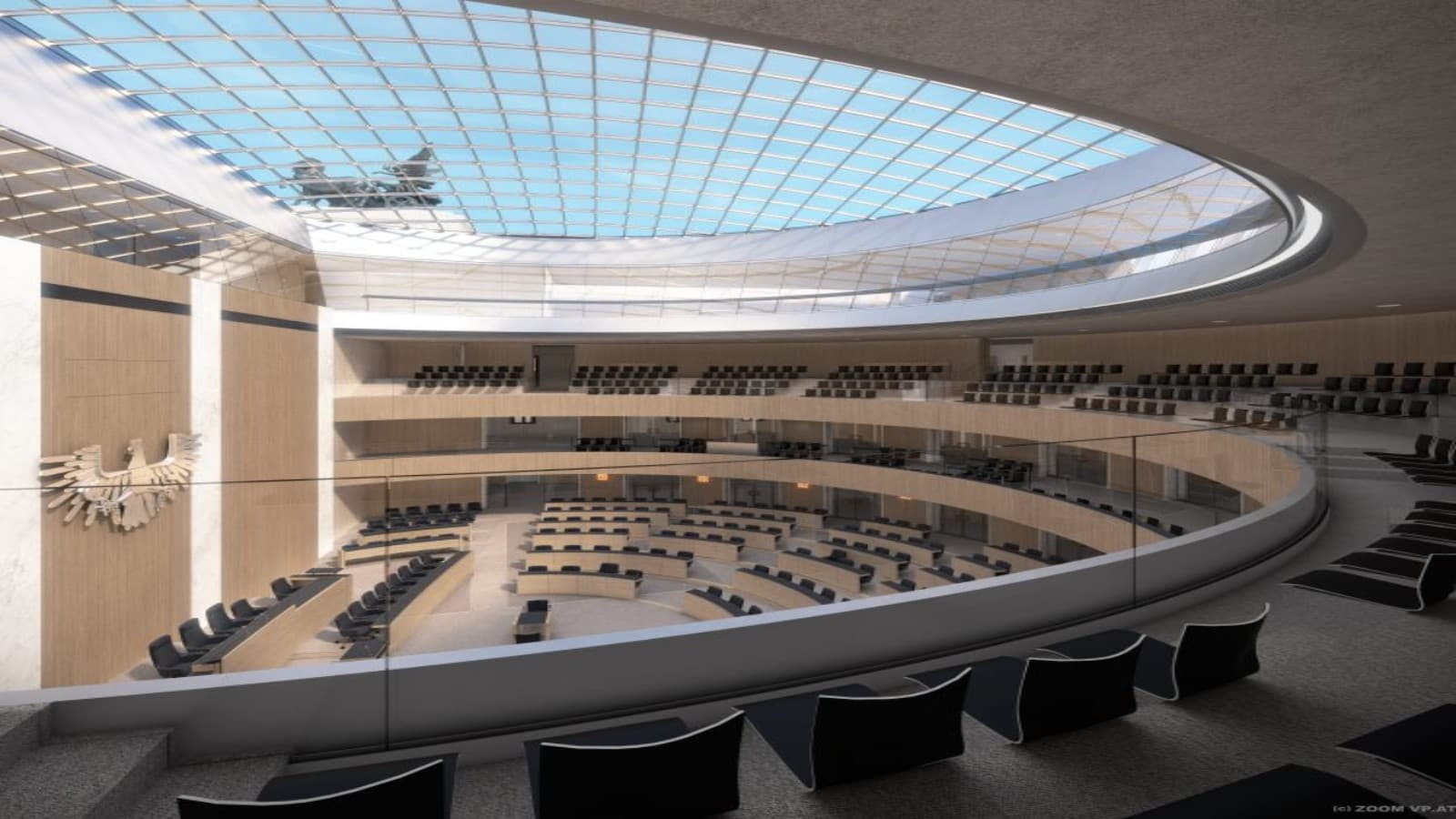 Nationalratssitzungssaal neu, Blick von der BesucherInnengalerie. Nationalratssitzungssaal neu, Blick von der BesucherInnengalerie.
