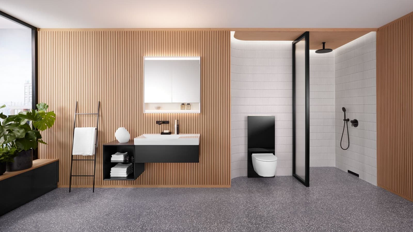 Frau im Badezimmer mit Tageslicht und Licht am Spiegelschrank Frau im Badezimmer mit Tageslicht und Licht am Spiegelschrank
