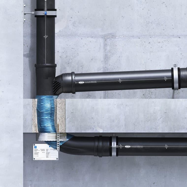 Geberit Silent-Pro SuperTube: Aufgesetzte Installation des Rohrschotts in U-Form Geberit Silent-Pro SuperTube: Aufgesetzte Installation des Rohrschotts in U-Form