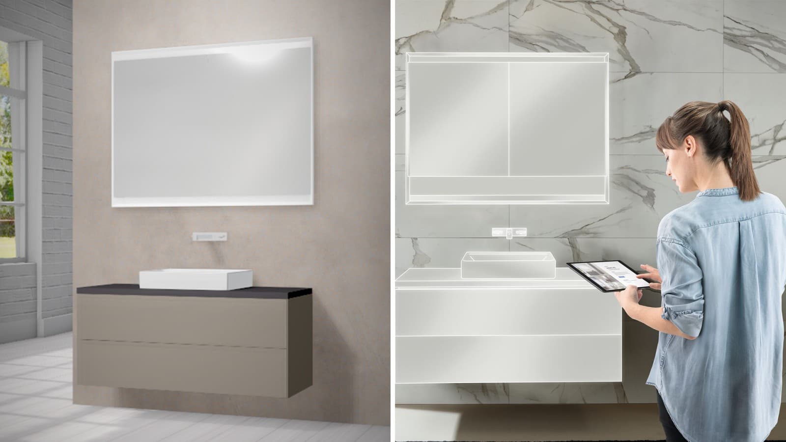 Frau konfiguriert ihren Waschplatz mit dem Geberit Online-Konfigurator Frau konfiguriert ihren Waschplatz mit dem Geberit Online-Konfigurator